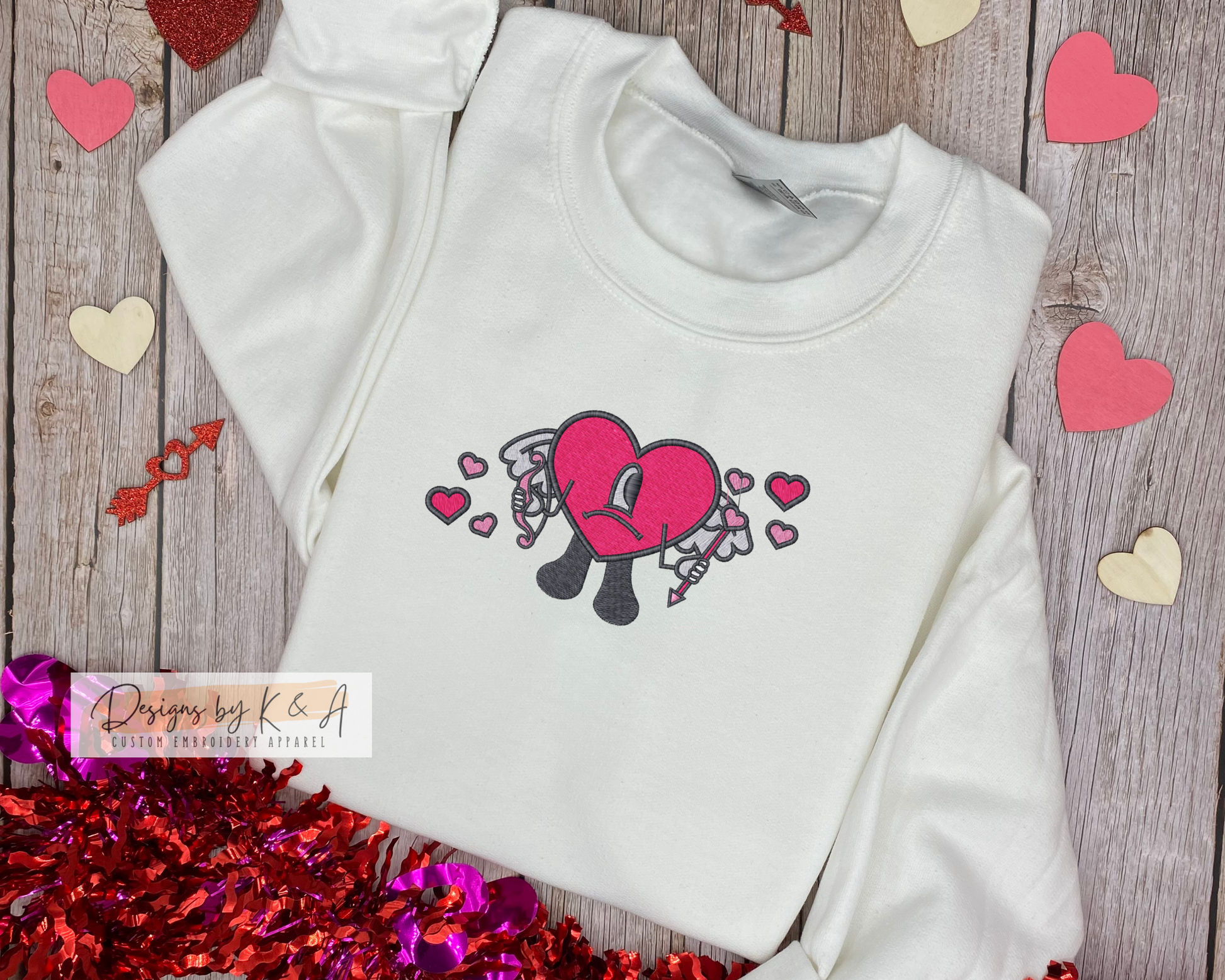 Bad Bunny Heart Cupid Emroidery Crewneck – Designs by K and A Bad Bunny Heart Cupid Emroidery Crewneck – Designs by K and A